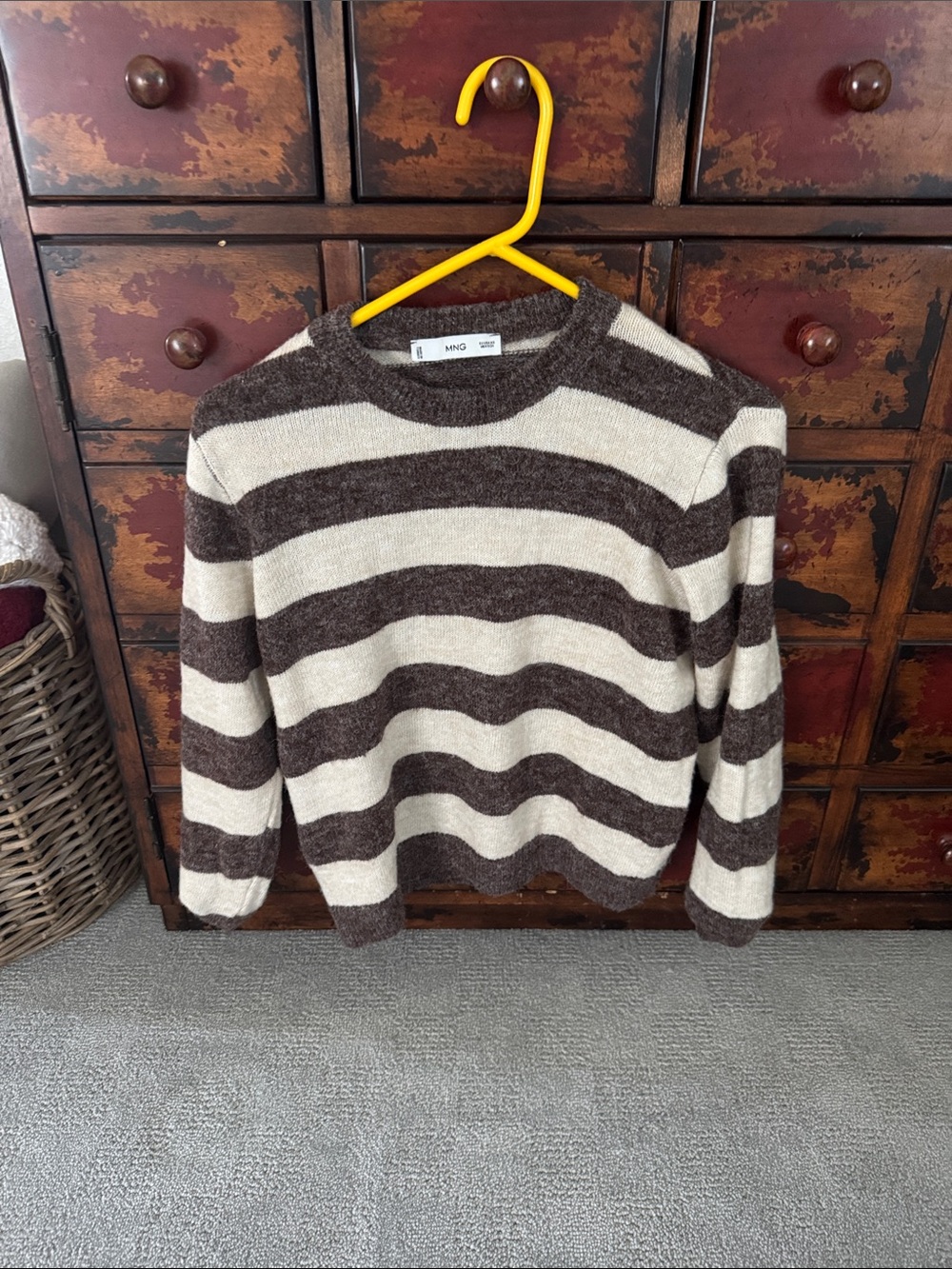 Mango Women’s Cream and Brown Striped Crewneck Sweater